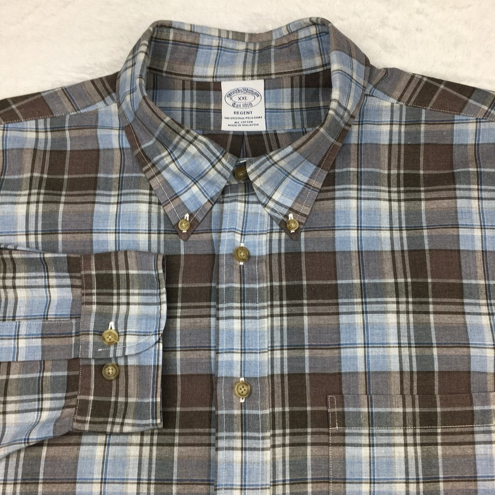 Brooks Brothers Shirt‎ Mens XXL Blue/Brown Plaid Regent Soft Cotton Long Sleeves